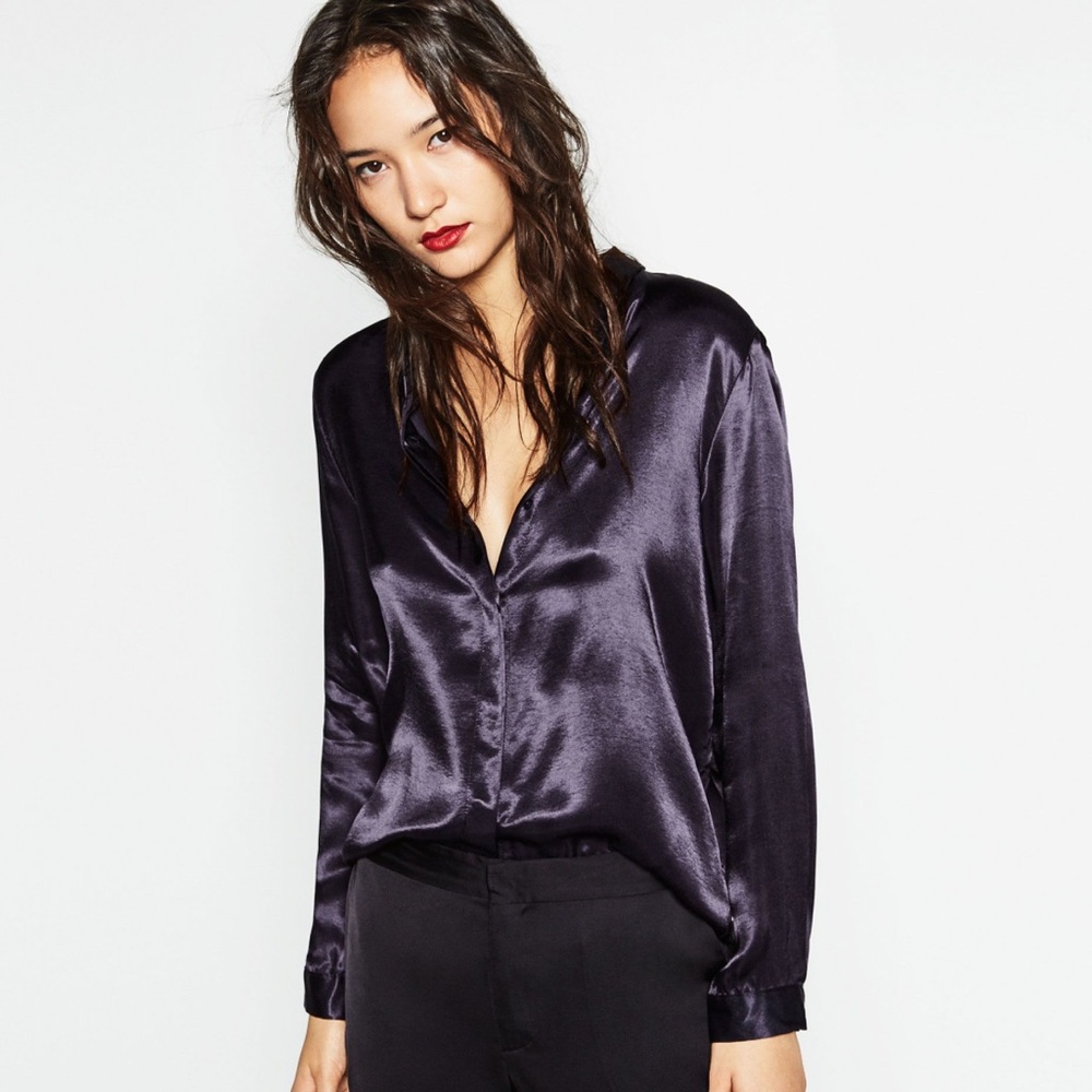 Zara Women's Navy Blue Satin Long Sleeve Blouse Medium